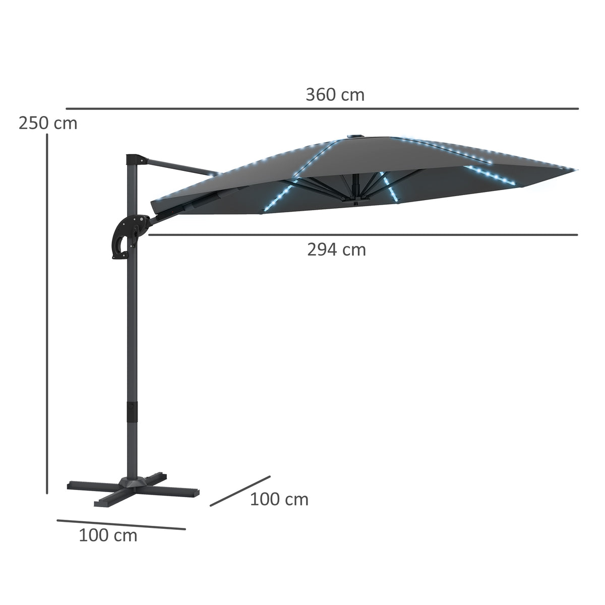 3(m) Cantilever Garden Parasol with Solar Powered Lights, Crank Handle & Cross Base, UPF 50+, 360¡ã Rotation, Dark Grey