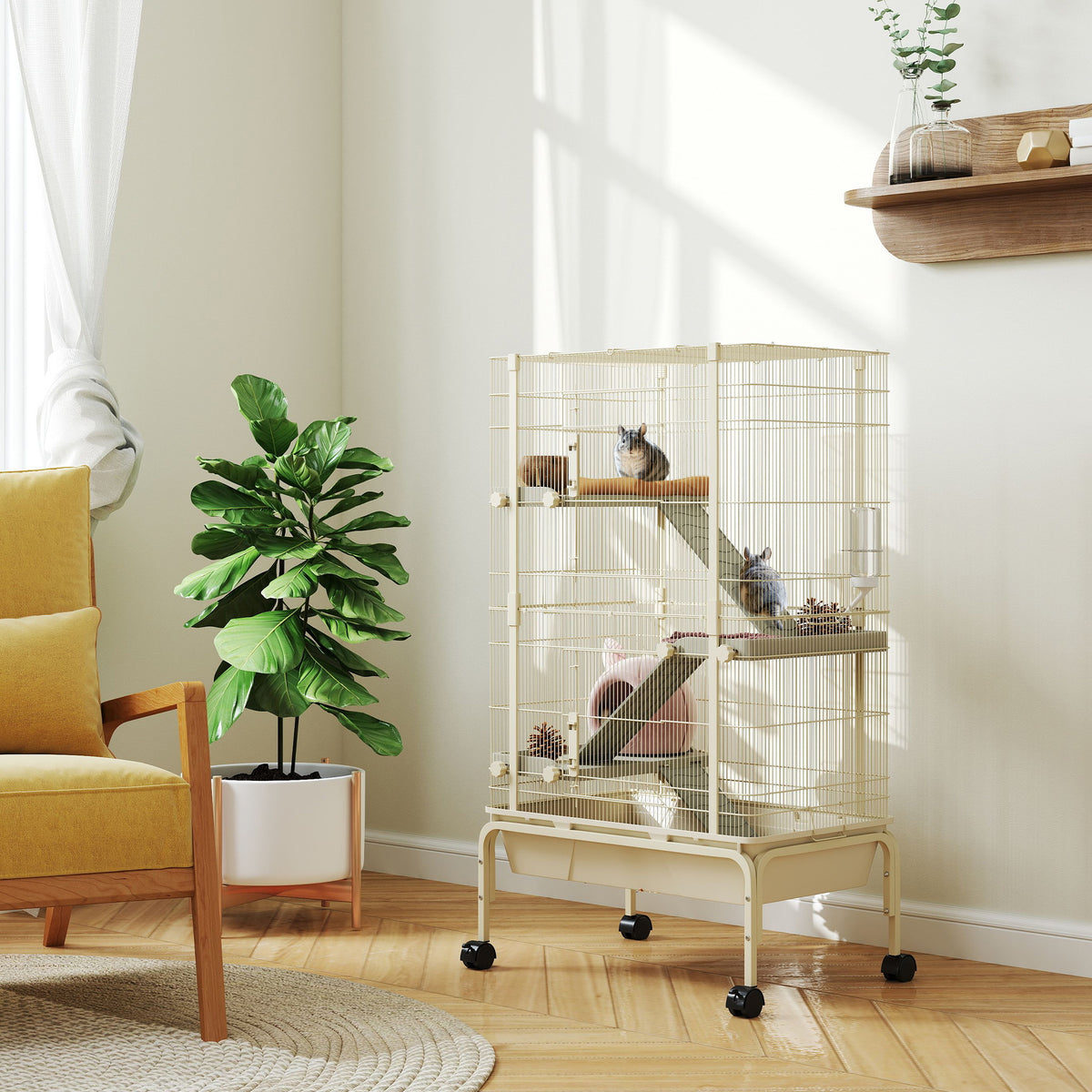 4-Level Rolling Small Animal Cage, Rabbit Cage with 3 Ramps, Water Bottle, Food Dish, 15cm Deep Tray, Beige