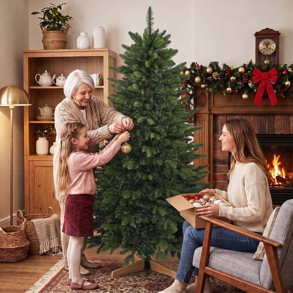 Künstlicher Weihnachtsbaum 180 cm, Fraser-Tanne mit Holzständer, 988 realistische Zweigspitzen für Zuhause und Büro, Grün