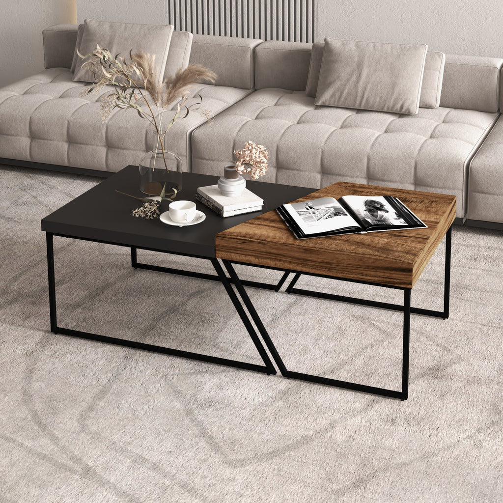 Couchtisch-Set, 2 Beistelltische, Industrial Design, Stahlrahmen, Holz/Schwarz