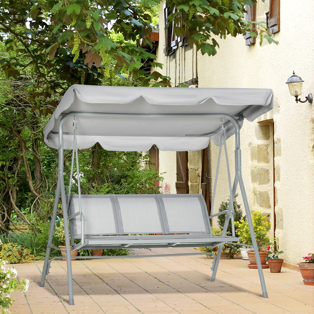 Metal Garden Swing Chair, 3-Seater Swing Seat, Patio Hammock Bench Canopy Lounger, Light Grey