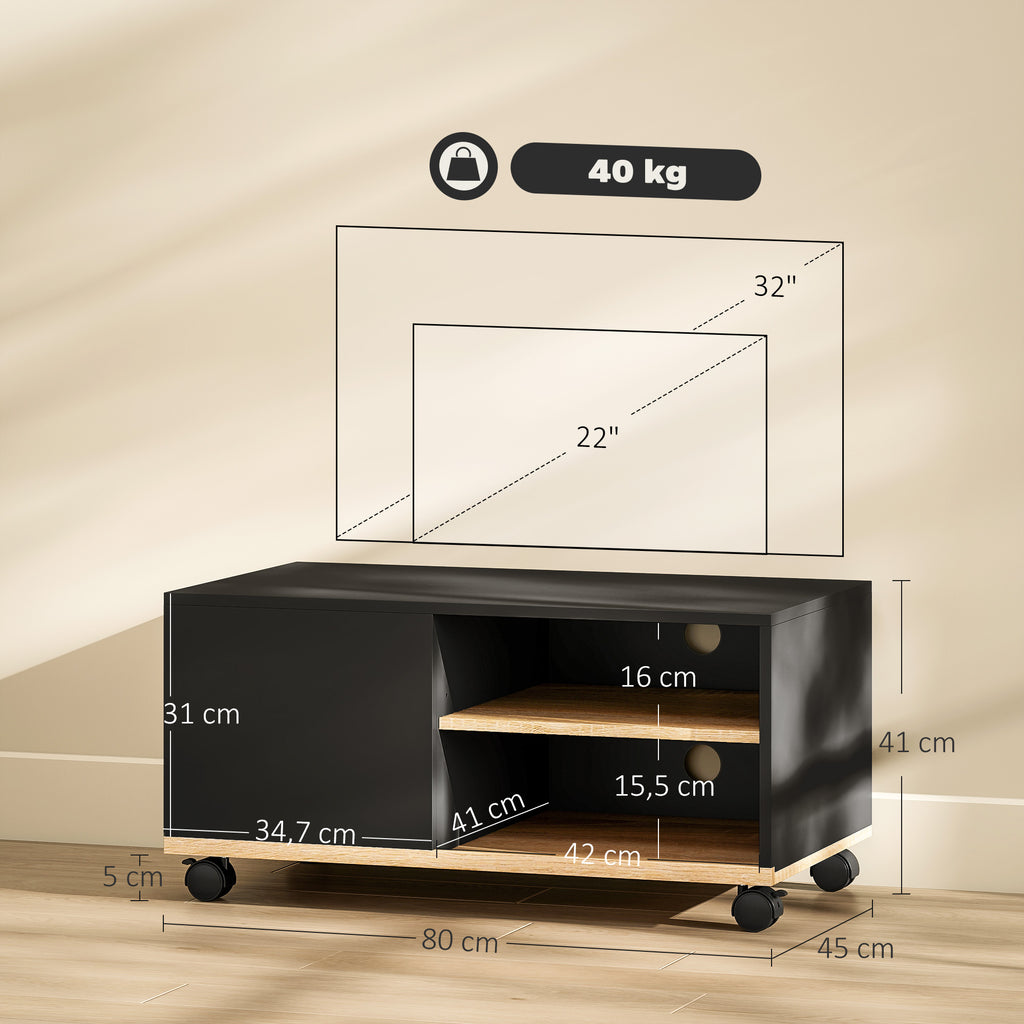 TV-Board auf Rollen mit Bremsen, TV-Möbel mit Schrank und verstellbarer Ablage, Schwarz und Eiche
