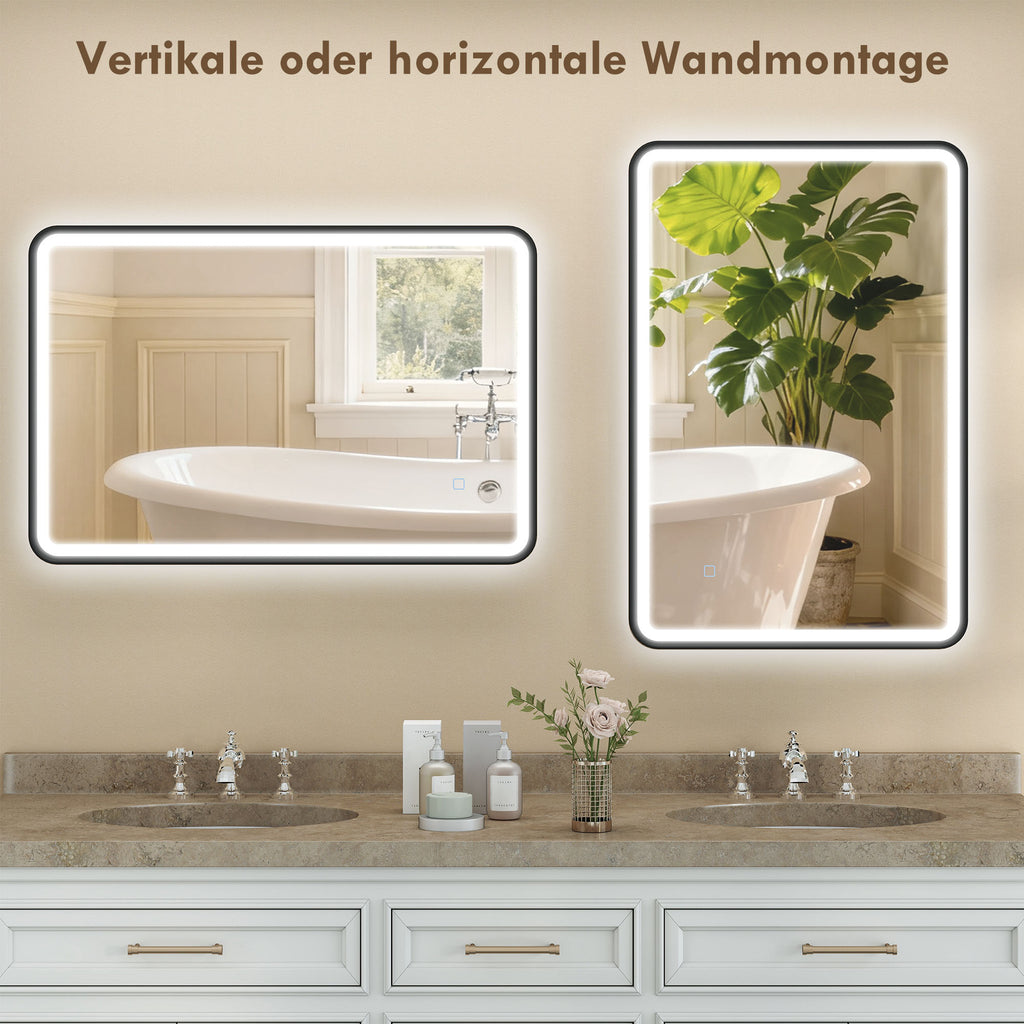 90 x 60 cm LED-Badezimmerspiegel, Lichter, 3 Farben, dimmbar, Memory-Funktion, horizontal und vertikal, Schwarz