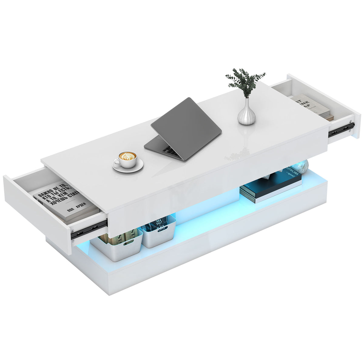 Wohnzimmertisch mit Schubladen und LED-Lichtern, moderner Sofatisch mit offener Ablage, Couchtisch, Spanplatte, Wei?