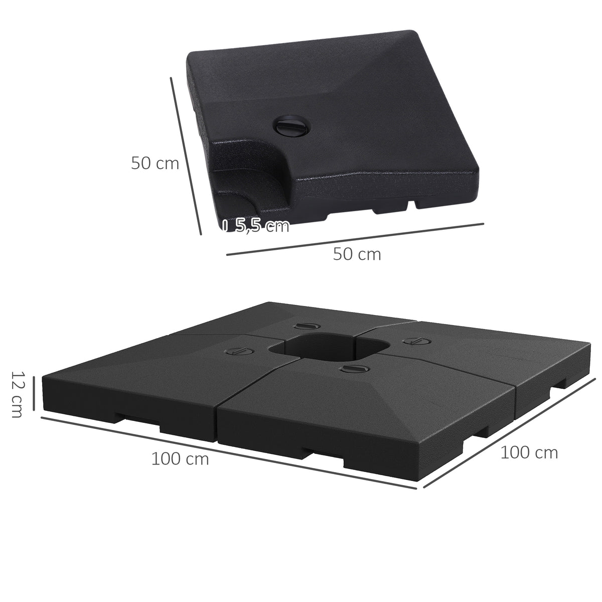  4 x Sonnenschirmgewicht Sonnenschirmständer befüllbar mit Sand Wasser HDPE-Kunststoff Schwarz Maße pro Element 51 x 51 x 12 cm bis zu 130 kg