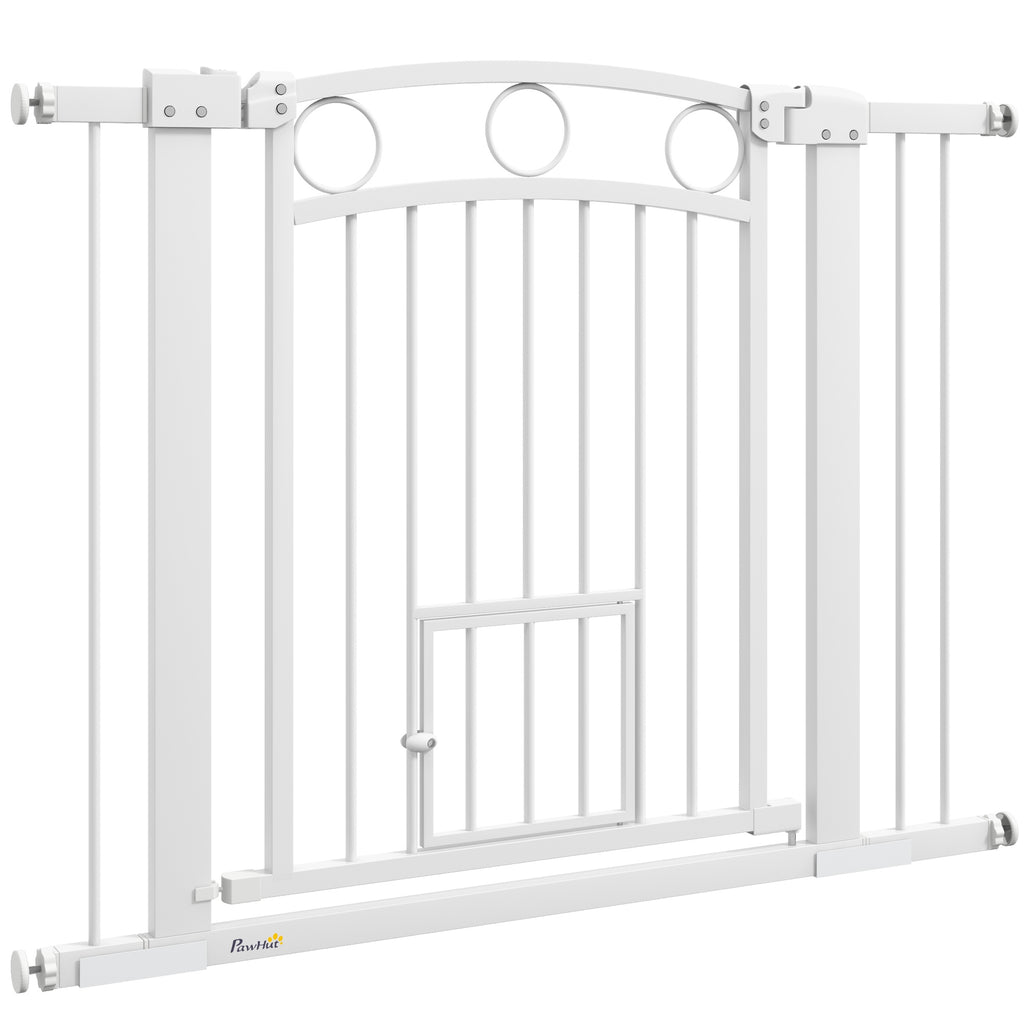 77cm Tall Dog Gate with Cat Door, 7cm and 14cm Extensions, for Stairs, Doorways, 76-104cm Width