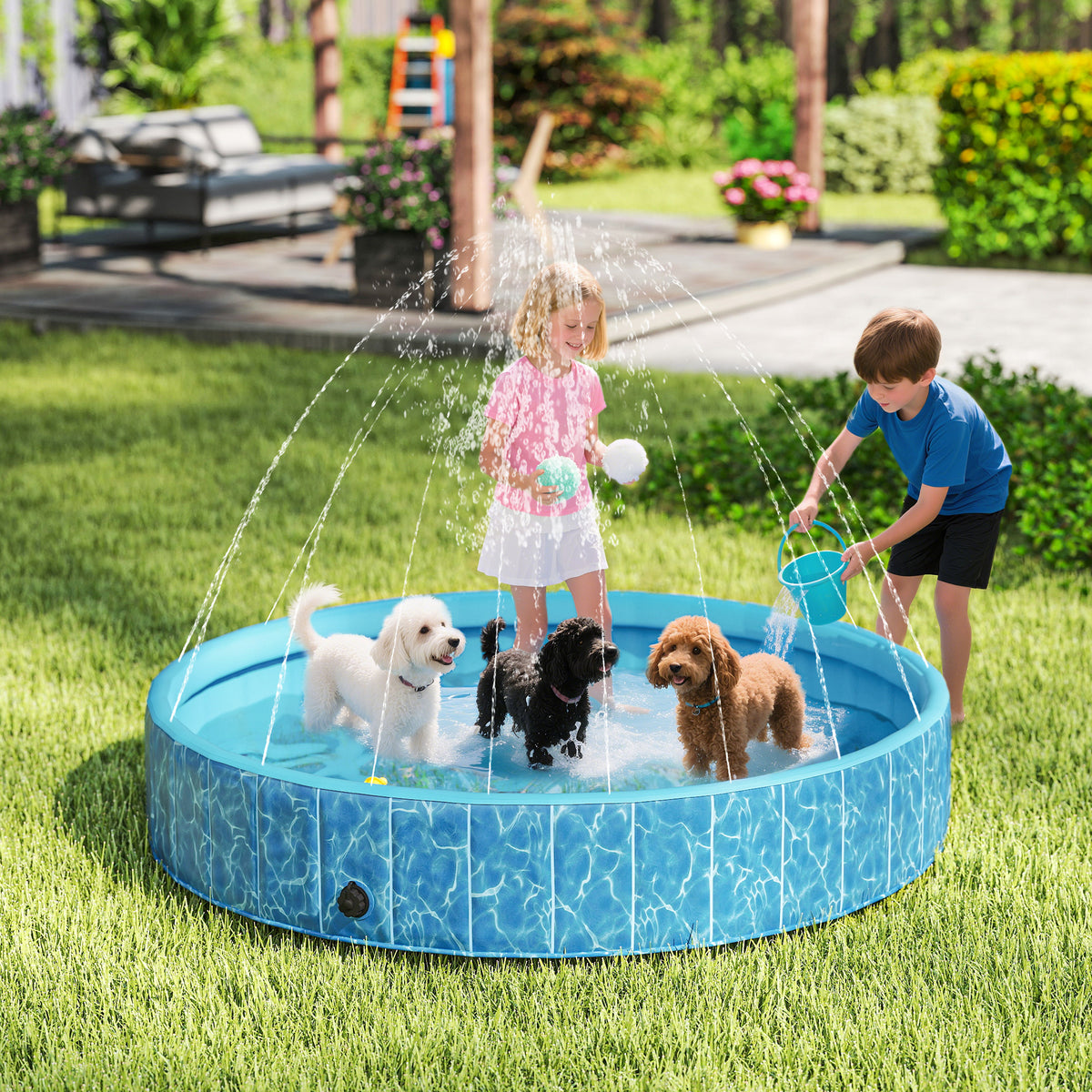 Hundepool Faltbar Planschbecken mit Brunnen- und Wasserpolsterdesign Ø160 x 30 cm Blau