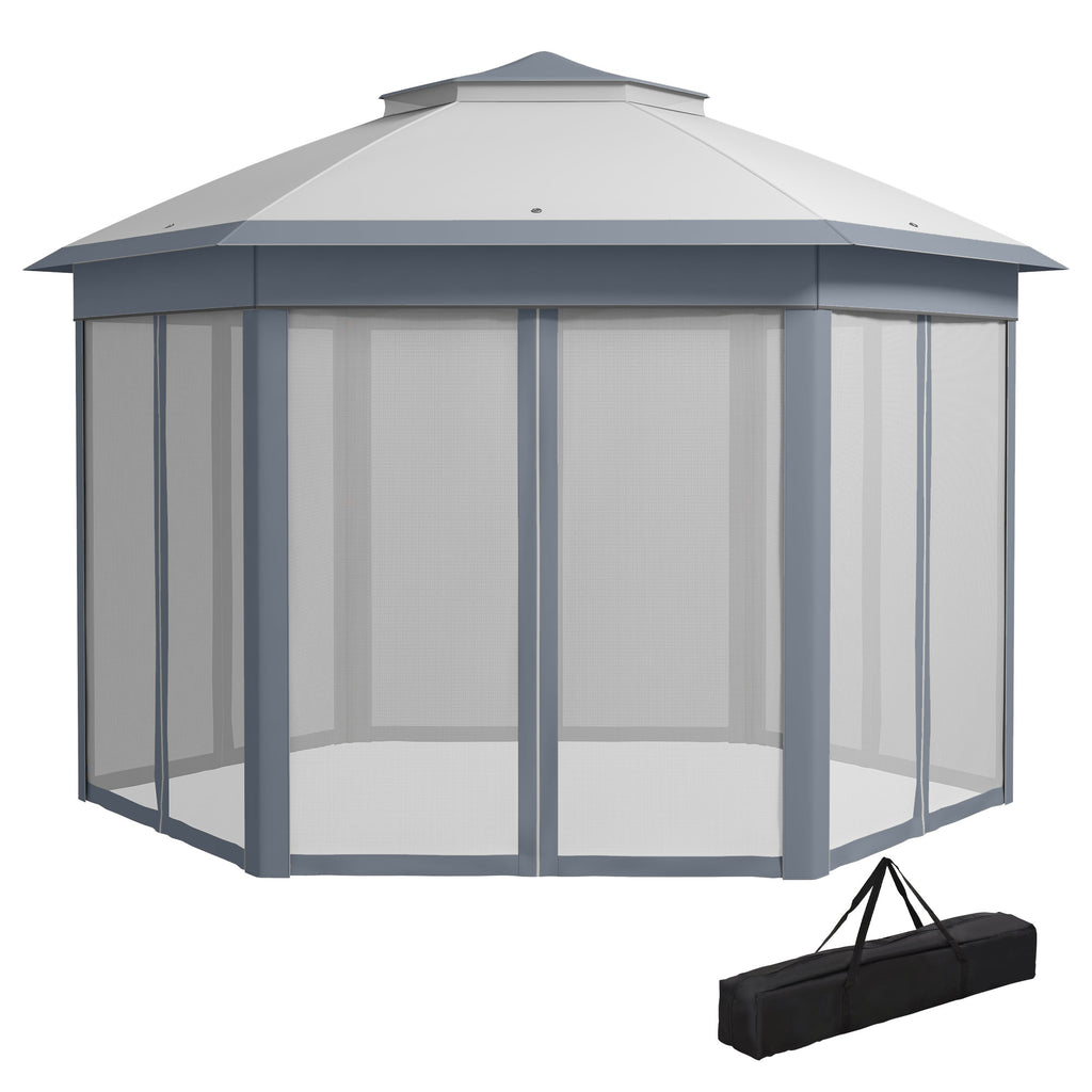 3 x 4m Metal Frame Hexagon Gazebo, with Curtains - Grey