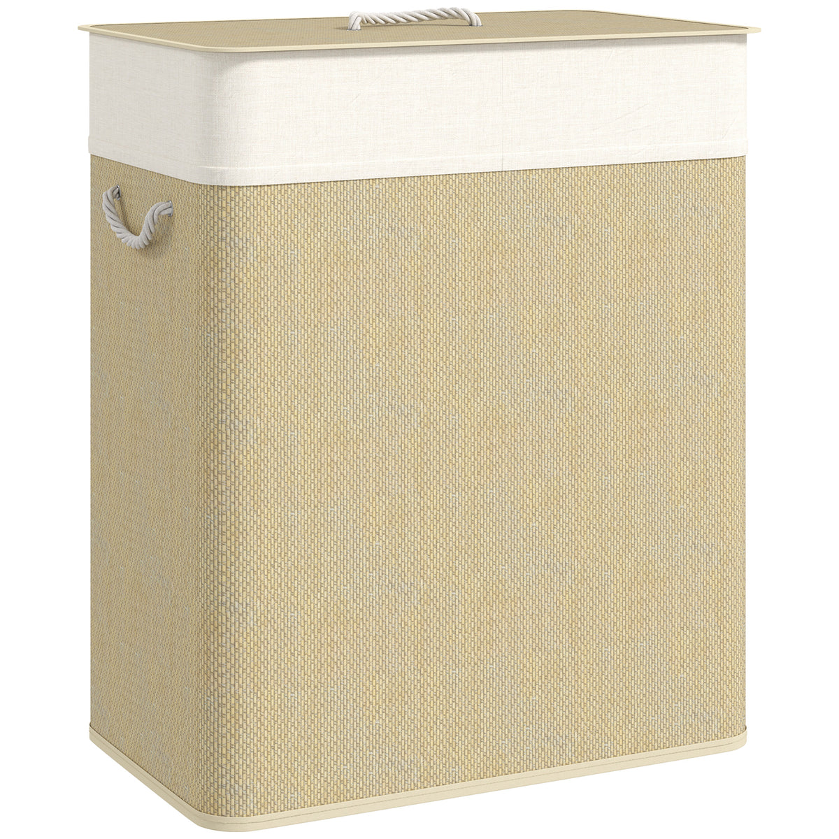 2 Section Laundry Basket with Lid, 100L Bamboo Laundry Hamper with Handles, Removable and Washable Liner, Cream White
