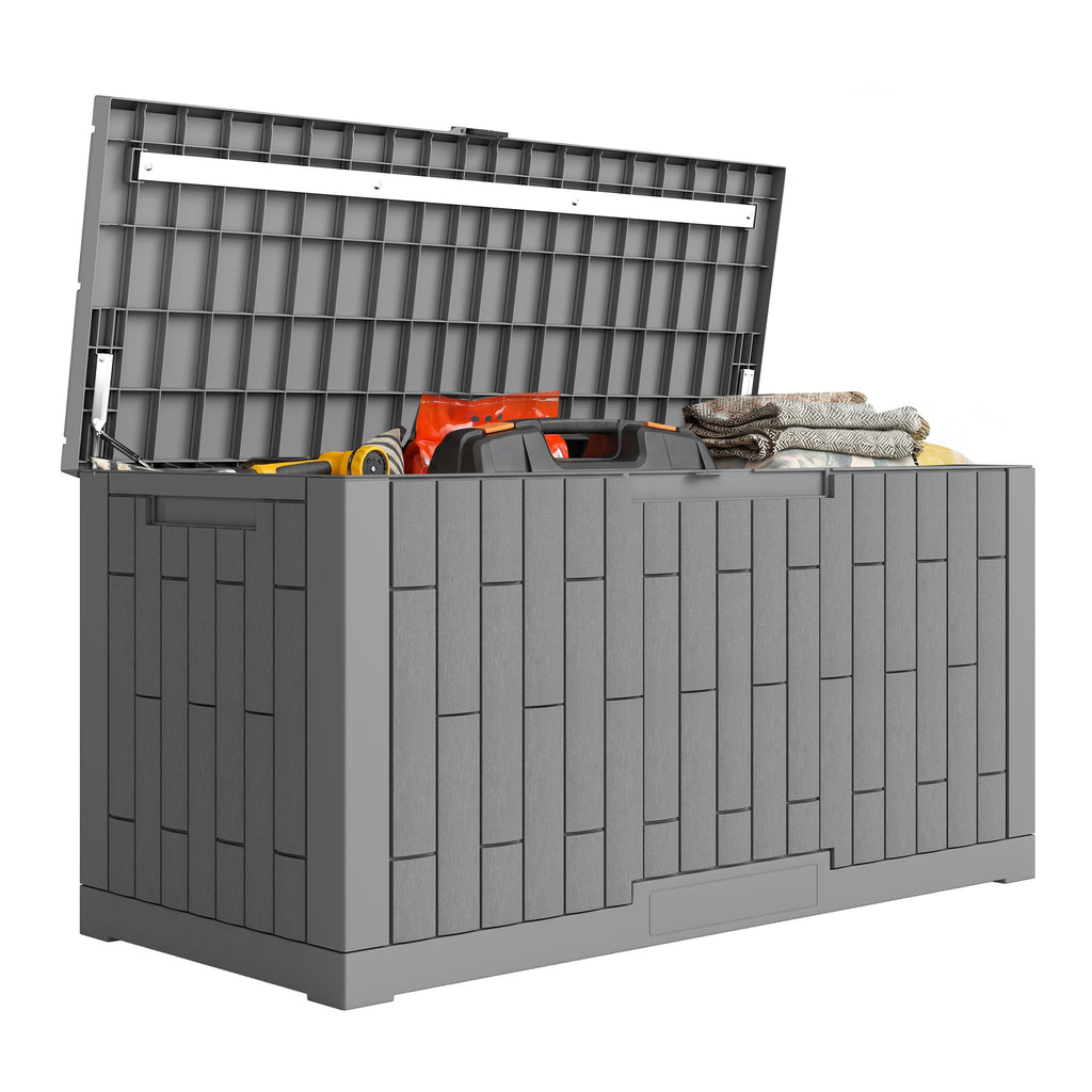 Gartenbox 379 Liter Wasserdicht Abschließbar UV-beständig Auflagenbox mit Holzoptik für Garten 122,5x56x62cm Grau