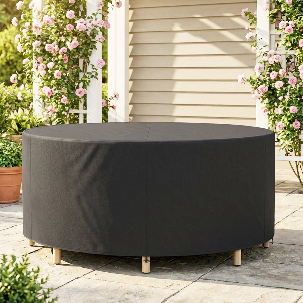Round Garden Furniture Cover, Waterproof Garden Table Cover, 420D Heavy Duty Oxford for Outdoor, Dia.214 x 70 cm, Black