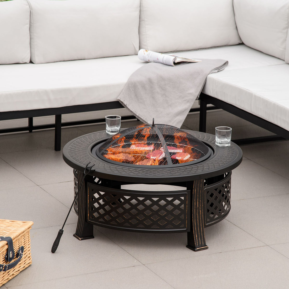 Outdoor Fire Pit, Firepit with Grill Net, Mesh Lid, Poker, for Camping, Bonfire, Picnic, Bronze Tone