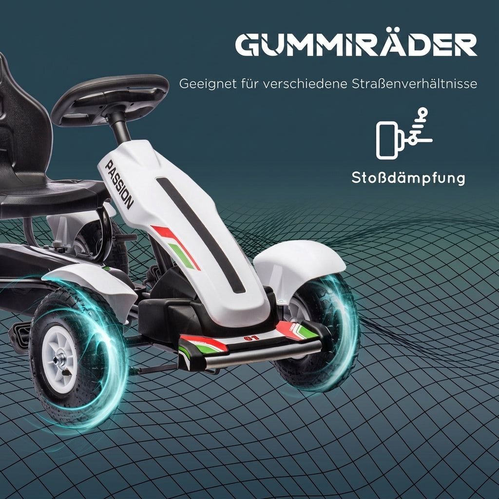 Gokart Tretauto mit Handbremse, verstellbarem Sitz, Vor- und Rückwärtsgang, bis 50kg für Kinder 5-12 Jahren Weiß