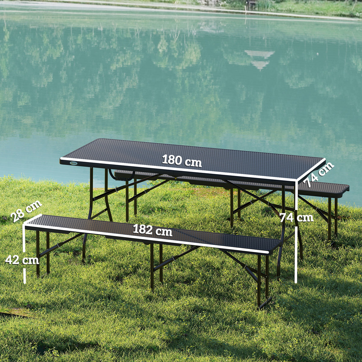 Picknicktisch und Bänke, 3-teiliges Set, faltbar, Kunststoff, Metall, Schwarz