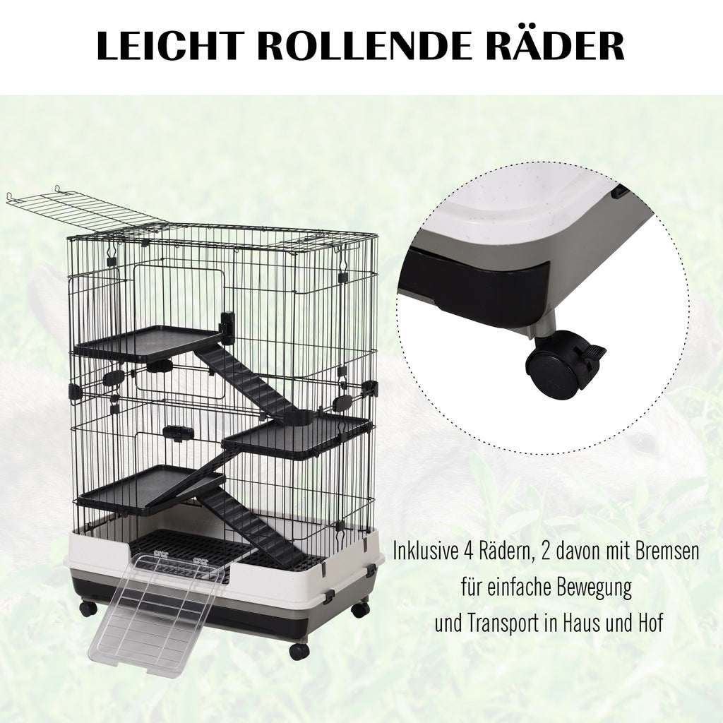 Four-Tier Small Animal Cage, for Bunnies, Ferrets, Chinchillas w/ Wheels, Tray - Black