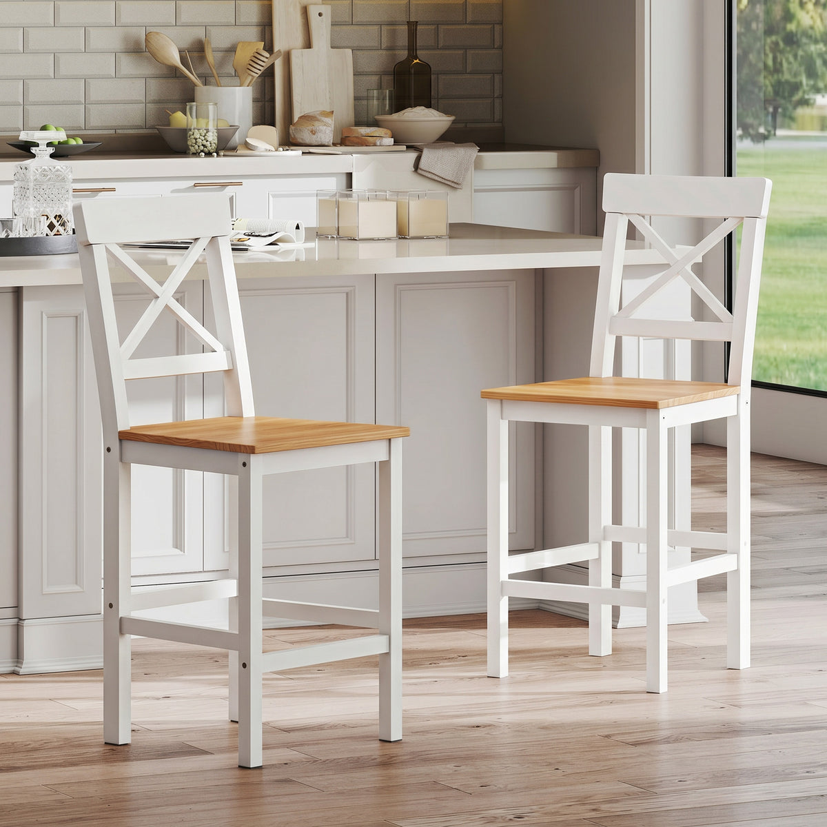 Barhocker 2er Set Barstuhl aus Kiefernholz mit Fußstütze, Lehne, Landhaus-Stil für Küche, Wohnzimmer, Natur