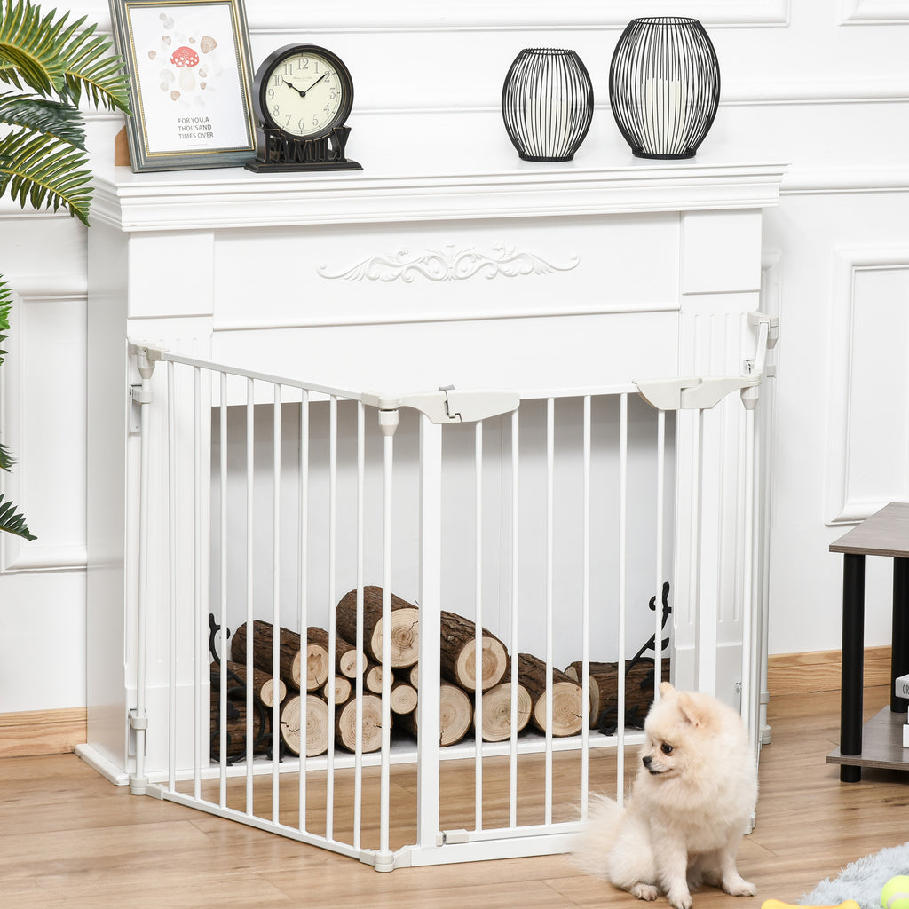 Pet Safety Gate, 3 Panels Playpen Fireplace, Foldable Metal Fence, Stair Barrier, Room Divider, Fire Guard w/ Automatic Closing Door, White