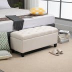 Sitzbank mit Stauraum Polsterbank mit Leinenoptik, Sitztruhe mit Holzbeine, Truhenbank für Wohnzimmer Schlafzimmer Flur 100 x 40 x 44 cm Cremeweiß