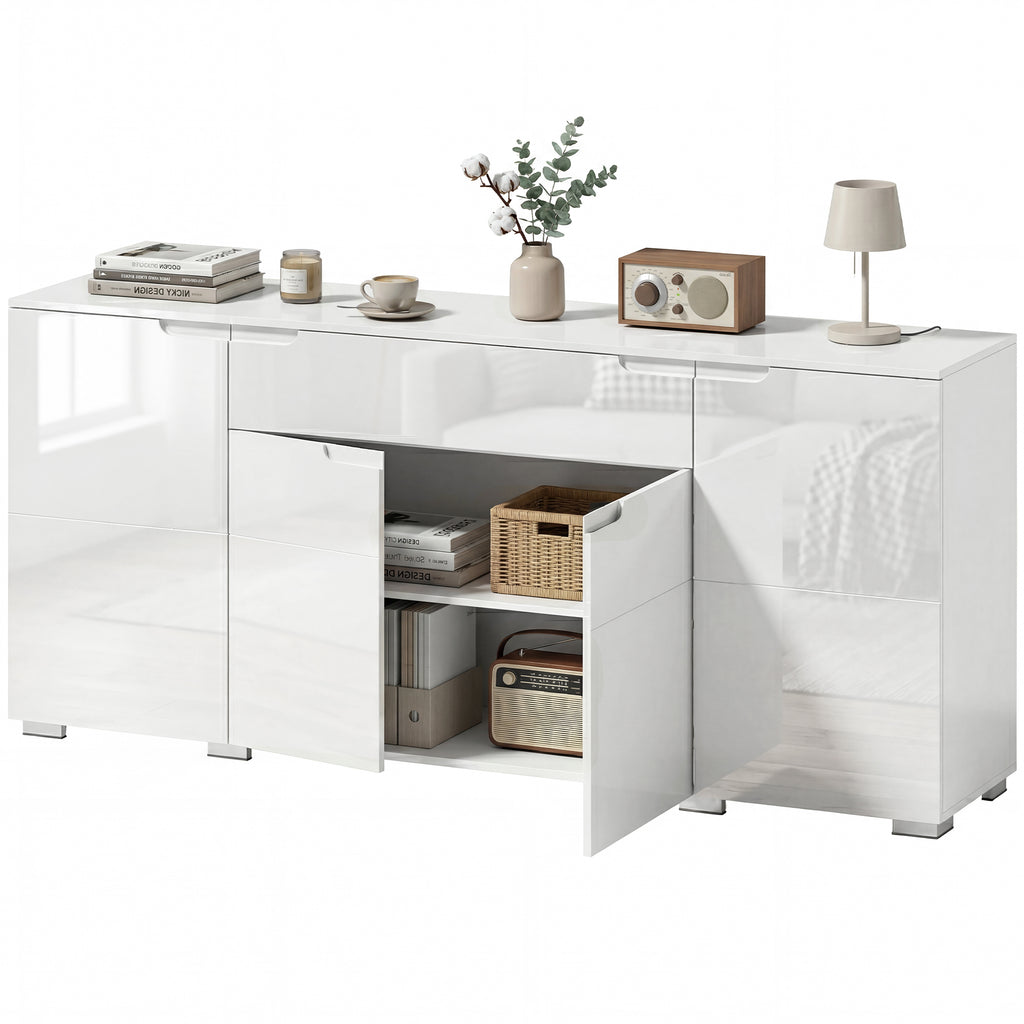Hochglanz-Sideboard, moderne Kommode mit 4 Türen und verstellbaren Einlegeböden, Soft-Close-Funktion, Weiß