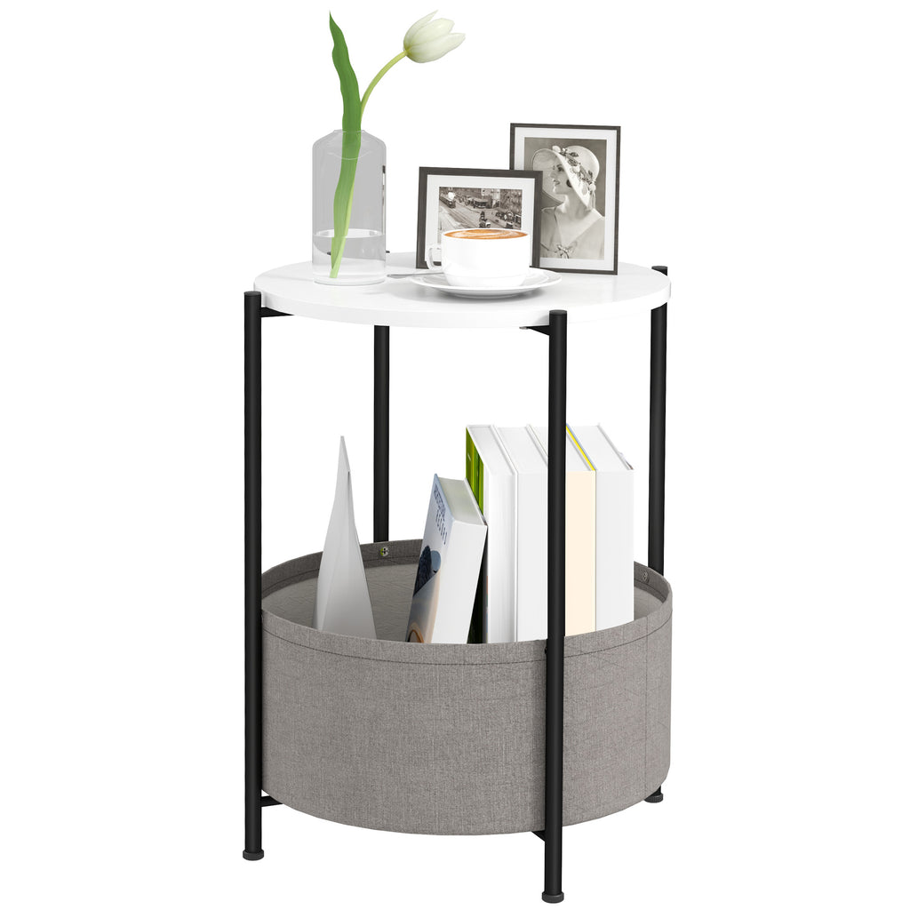 Runder Beistelltisch mit Stoffkorb, 2-stufiger Kaffeetisch f¨¹r Wohnzimmer, Schlafzimmer, kleine R?ume, Metall, Grau+Wei?
