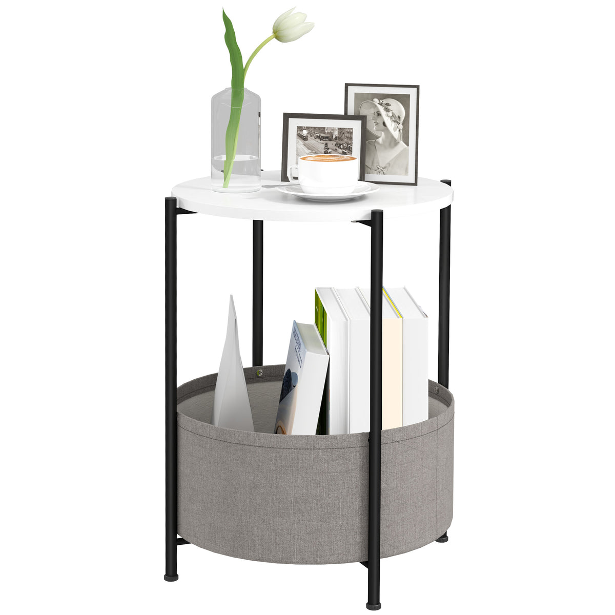 Runder Beistelltisch mit Stoffkorb, 2-stufiger Kaffeetisch f¨¹r Wohnzimmer, Schlafzimmer, kleine R?ume, Metall, Grau+Wei?