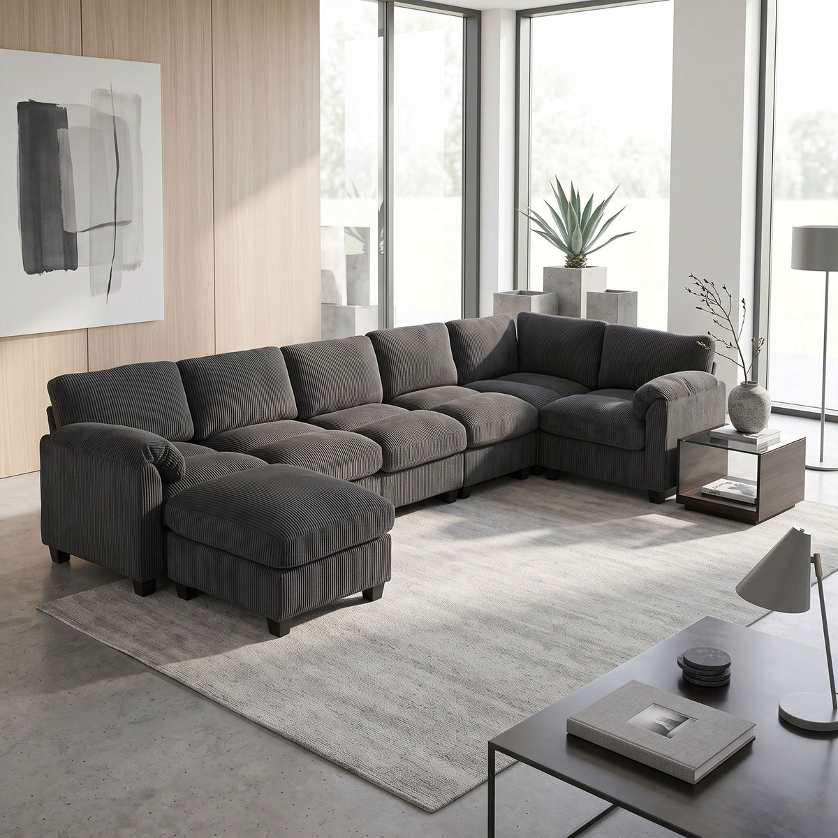 Ecksofa U-Form Sofa Couch mit Federpolsterung gepolsterte Armlehnen beweglicher Ottomane Cord 292x224x85 cm Dunkelgrau
