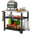 Outdoor Grill Dining Cart 3-Shelf Movable Pizza Oven Table Stand with Stainless Steel Top, Portable BBQ Trolley Food Prep Outdoor Kitchen Barbecue Station with Hooks Wheels, Charcoal Grey