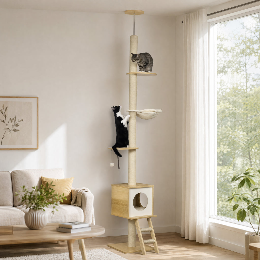 Kratzbaum, deckenhoch, Katzenhaus, zwei Plattformen, Hängematte, Kippschutz, hellbraun+beige, 40 x 40 x 260 cm