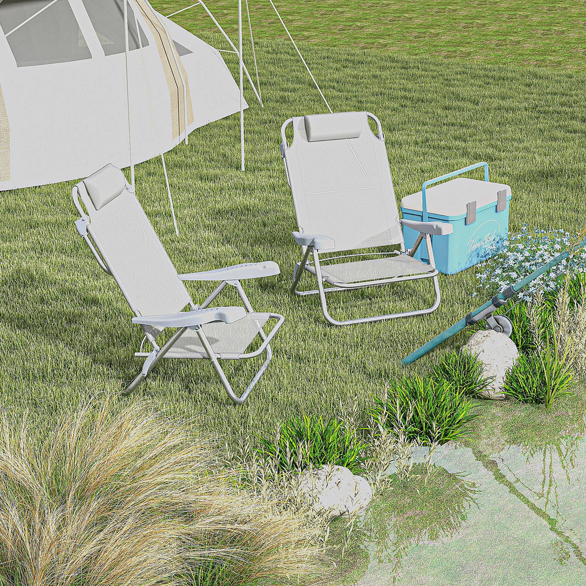 2er Set Campingstühle klappbar Campingstuhl mit 6-fach verstellbarer Netzrückenlehne Kopfstütze 62 x 65 x 80 cm Hellgrau