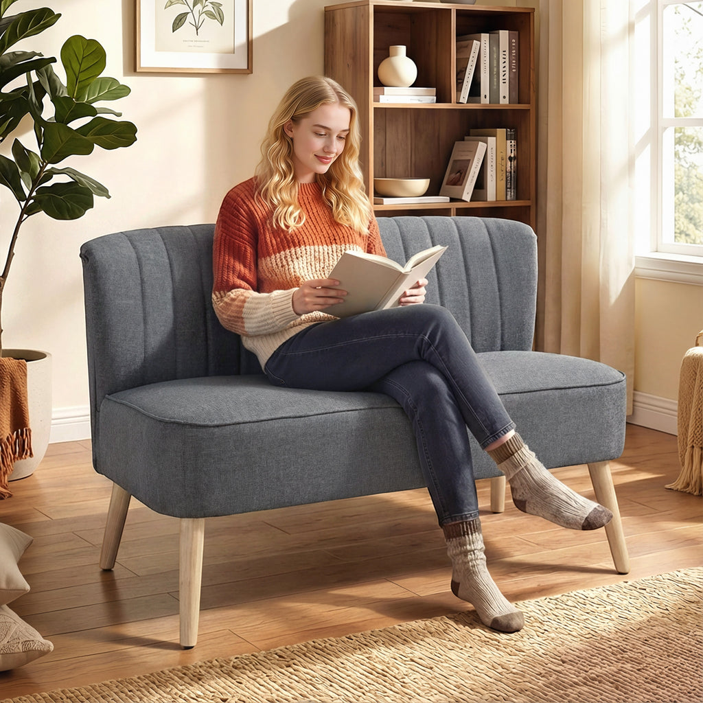 Sofa 2 Sitzer, Polstersofa Leinenoptik, Holzrahmen, F¨¹r Wohnzimmer Schlafzimmer, 117 cm, Grau