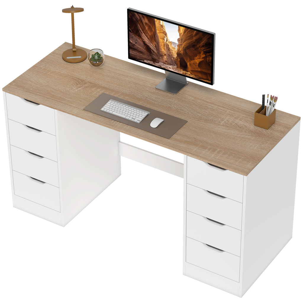 140 cm Computertisch, 8 Schubladen, Schreibtisch f¨¹r Homeoffice, Schlafzimmer, Stahl, Holz, Wei?
