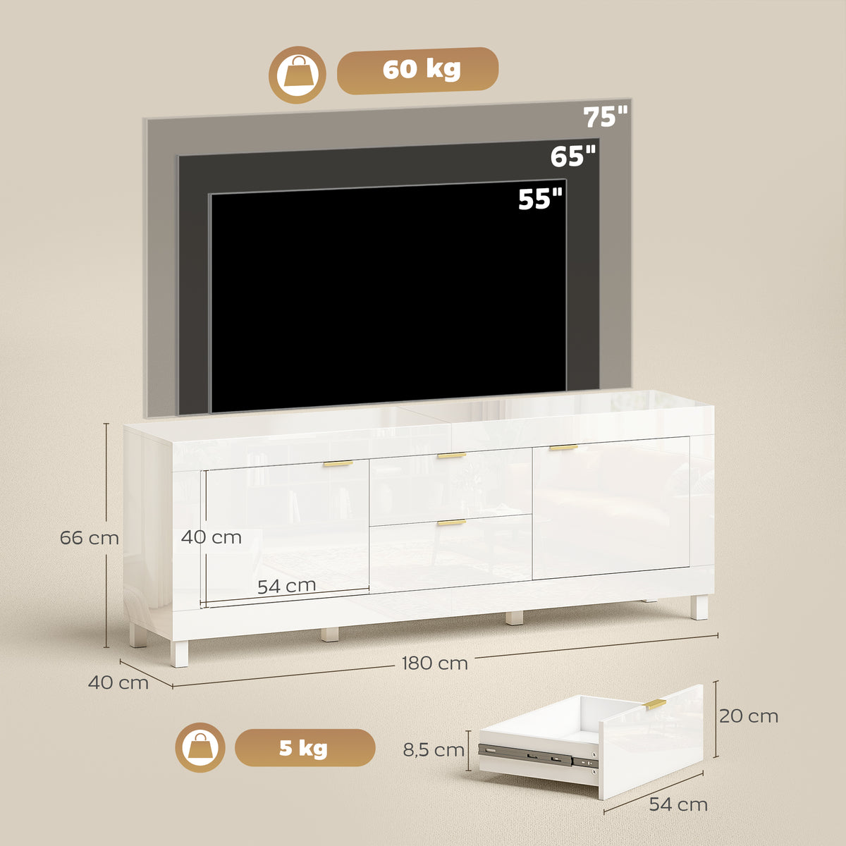 TV-Schrank für Fernseher bis zu 75 Zoll, modernes Entertainment-Center mit 2 Schränken und 2 Schubladen, Hochglanz Weiß