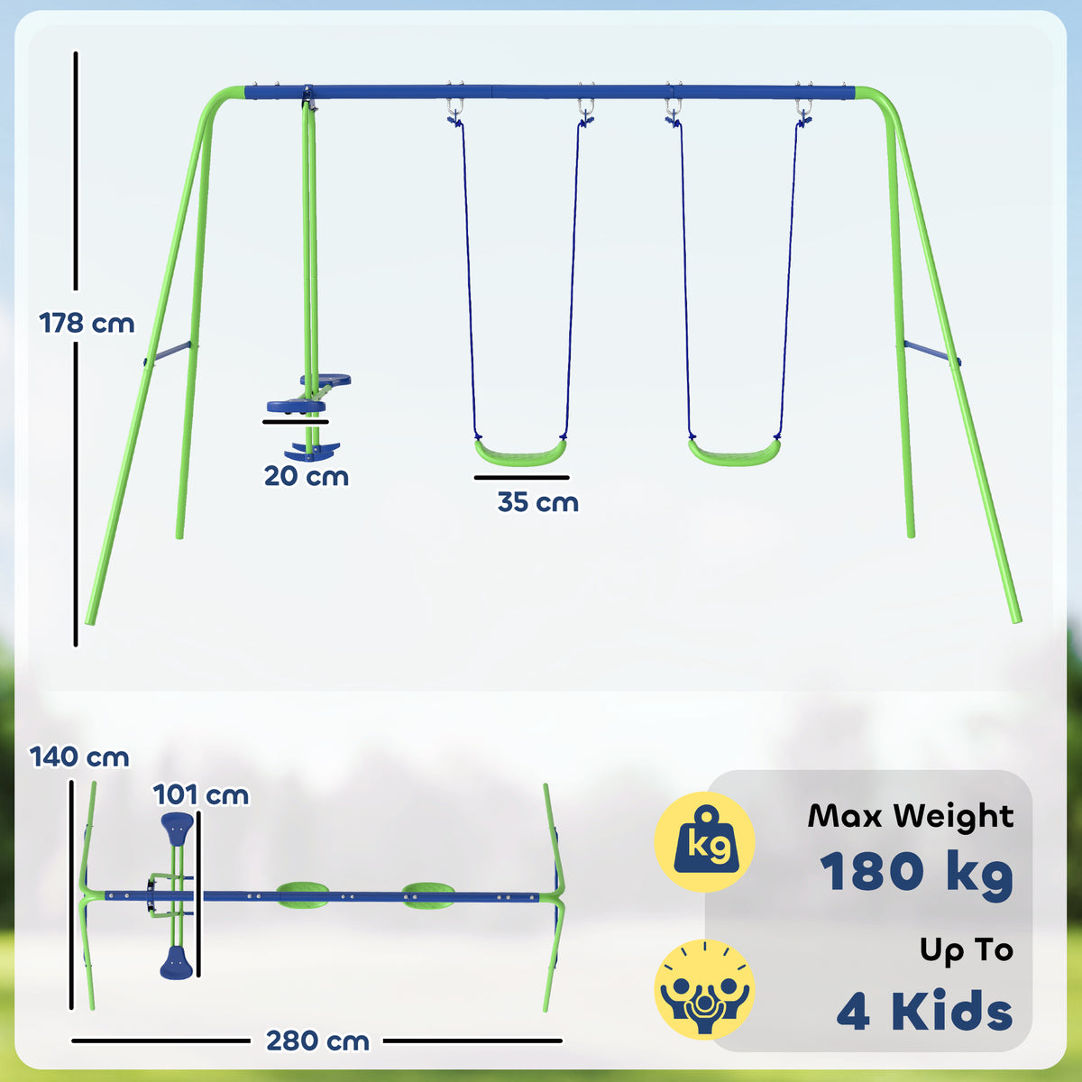 Metal Swing Set, with Seesaw, Adjustable Height, for Ages 3+ Years, Green