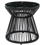 Round End Table, Rattan Side Table, Hollow Drum Design Coffee Table w/ Glass Tabletop for Patio, Garden, Balcony Black