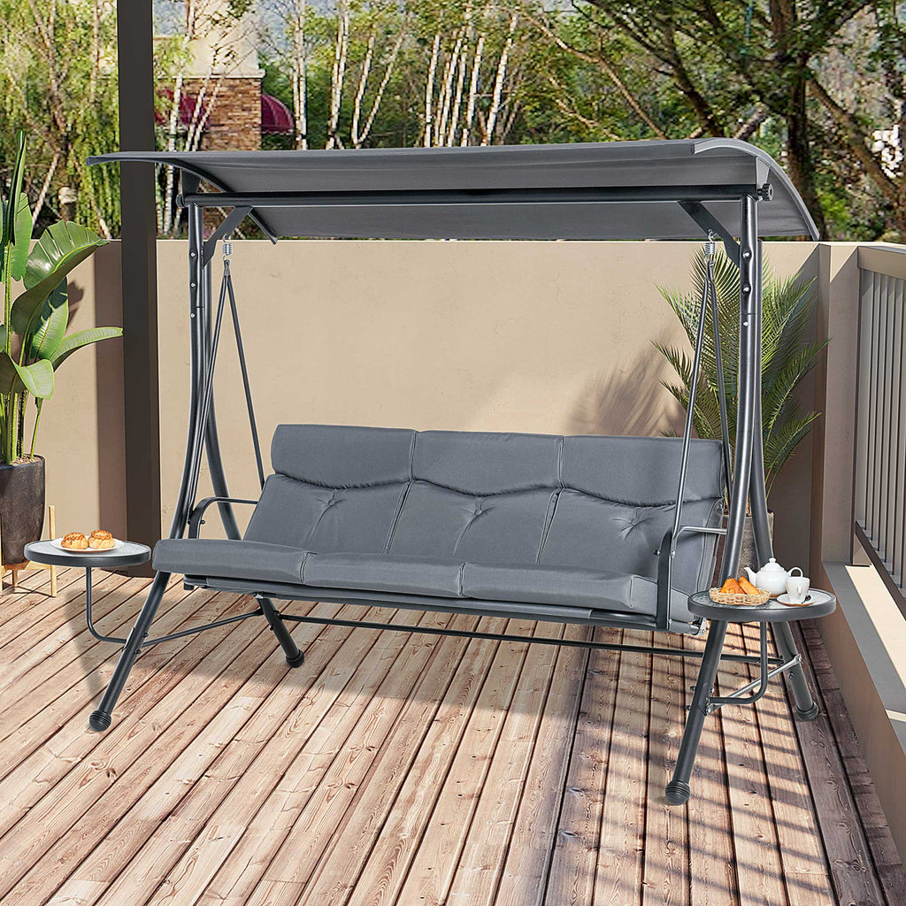 3 Seater Garden Swing Chair with Adjustable Canopy, Cushion and Coffee Tables for Outdoor Patio Garden Grey