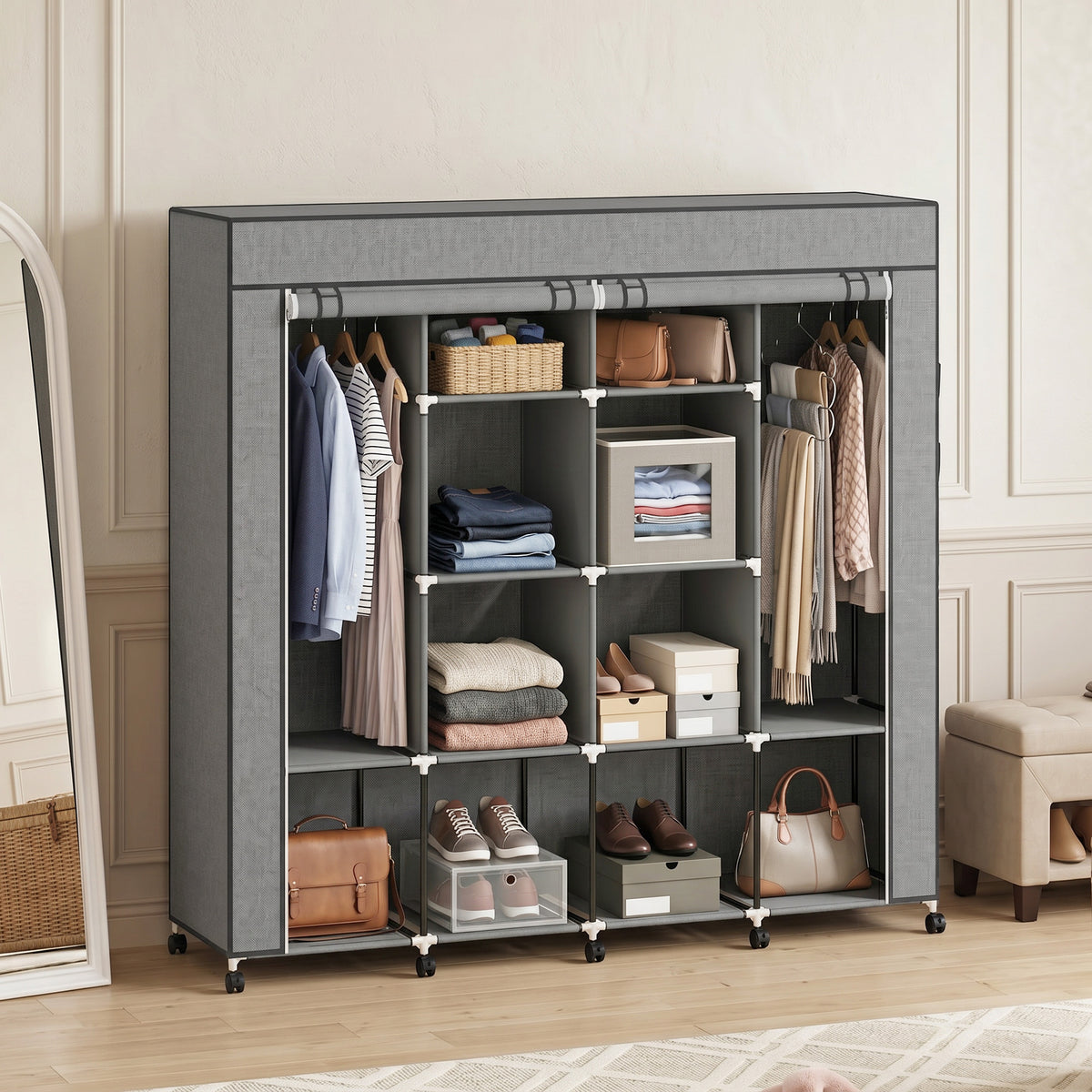 Kleiderschrank Stoffschrank, Türen, 2 Kleiderstangen, 10 Fächer, Grau