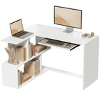 Eckschreibtisch, Computertisch mit Tastaturauszug und offenen Ablagen, weißer Holz-Look