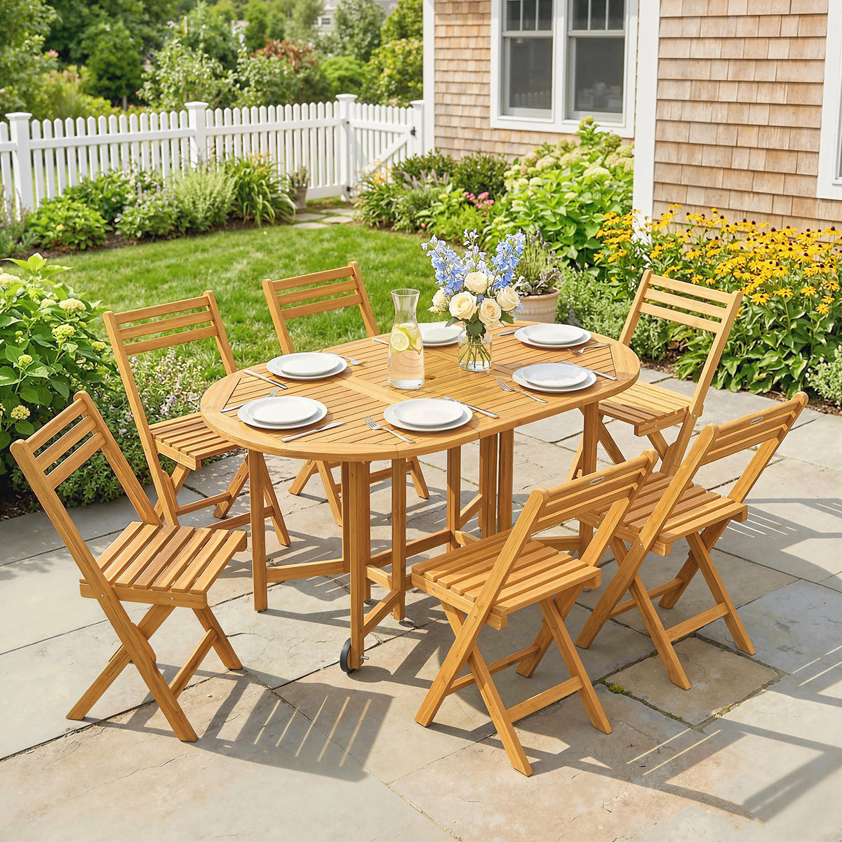 Gartenmöbel Set FSC Holz Sitzgruppe 7-teilig Ausziehbar Tisch mit 6 Klappstühlen Schirmloch Lamellendesign