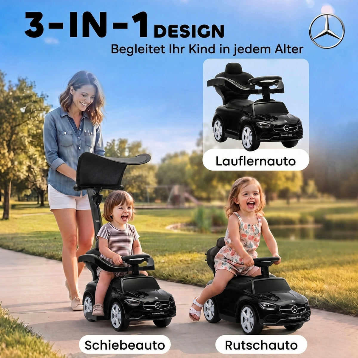 3-in-1 Rutschauto mit Schiebstange Mercedes-Benz Schwarz