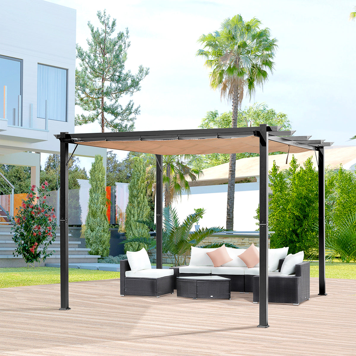 Pergola Pavillon mit einstellbarem Stoffdach 3 x 4 m Terrassen-Vordach Aluminium Sonnenschutz Überdachung Terrasse Garten Grau+Braun