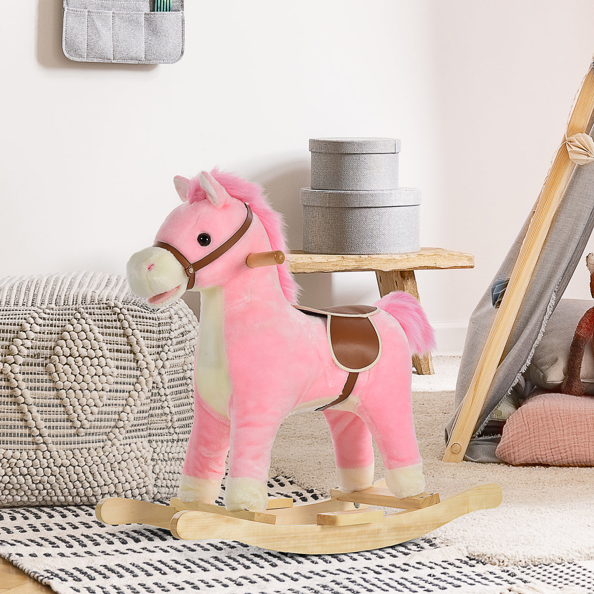 Kinder Schaukelpferd Baby Schaukeltier Pferd mit Tiergeräusche Spielzeug Haltegriffe für 36-72 Monate Plüsch Rosa 65 x 32,5 x 61 cm