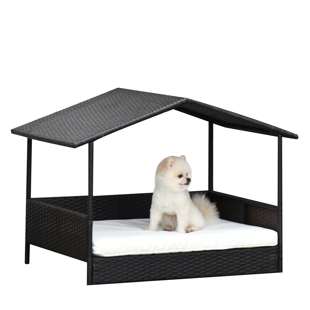 Wicker Dog Bed, Elevated Rattan Dog House with Removable Cushion and Canopy, for Small and Medium Dogs, 98 x 69 x 70cm - Cream