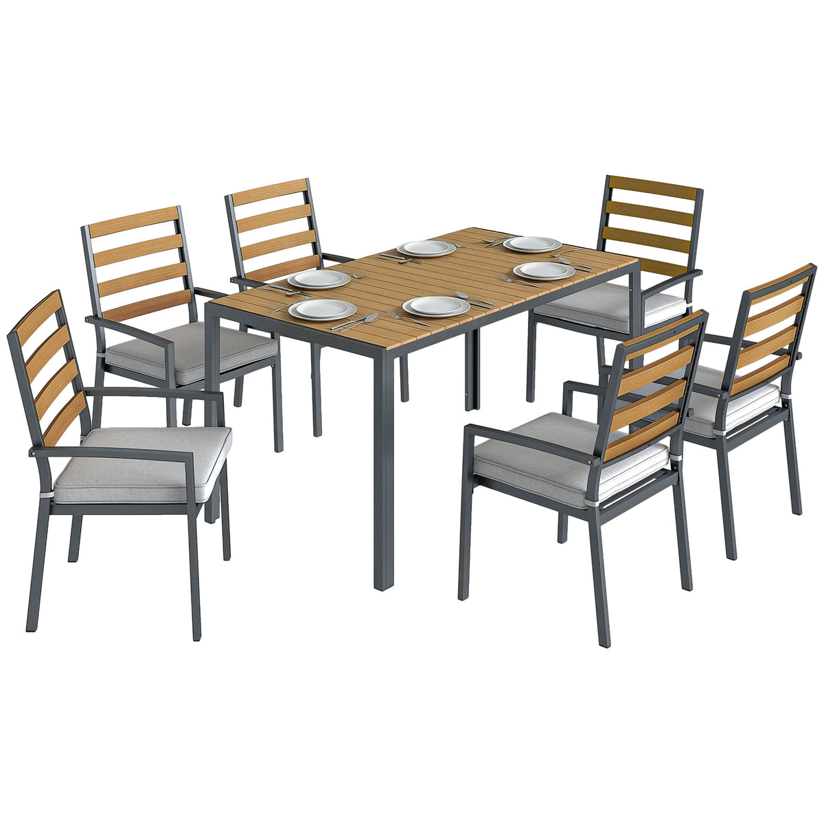 7 tlg. Sitzgruppe Gartenmöbel-Set, Gartengarnitur mit 1 Esstisch, 6 Stühlen, Kissen, für Terrasse, Naturholz