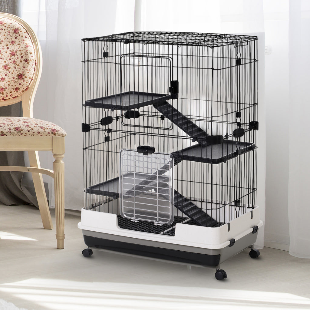 Four-Tier Small Animal Cage, for Bunnies, Ferrets, Chinchillas w/ Wheels, Tray - Black