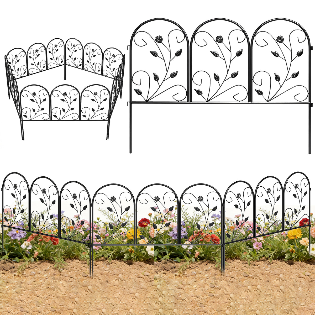 Gartenzaun Zaun aus Metall 80 x 60 cm Dekorativer Gitterzaun Set mit Fuß für Garten Blumenbeete Tierbarriere Schwarz