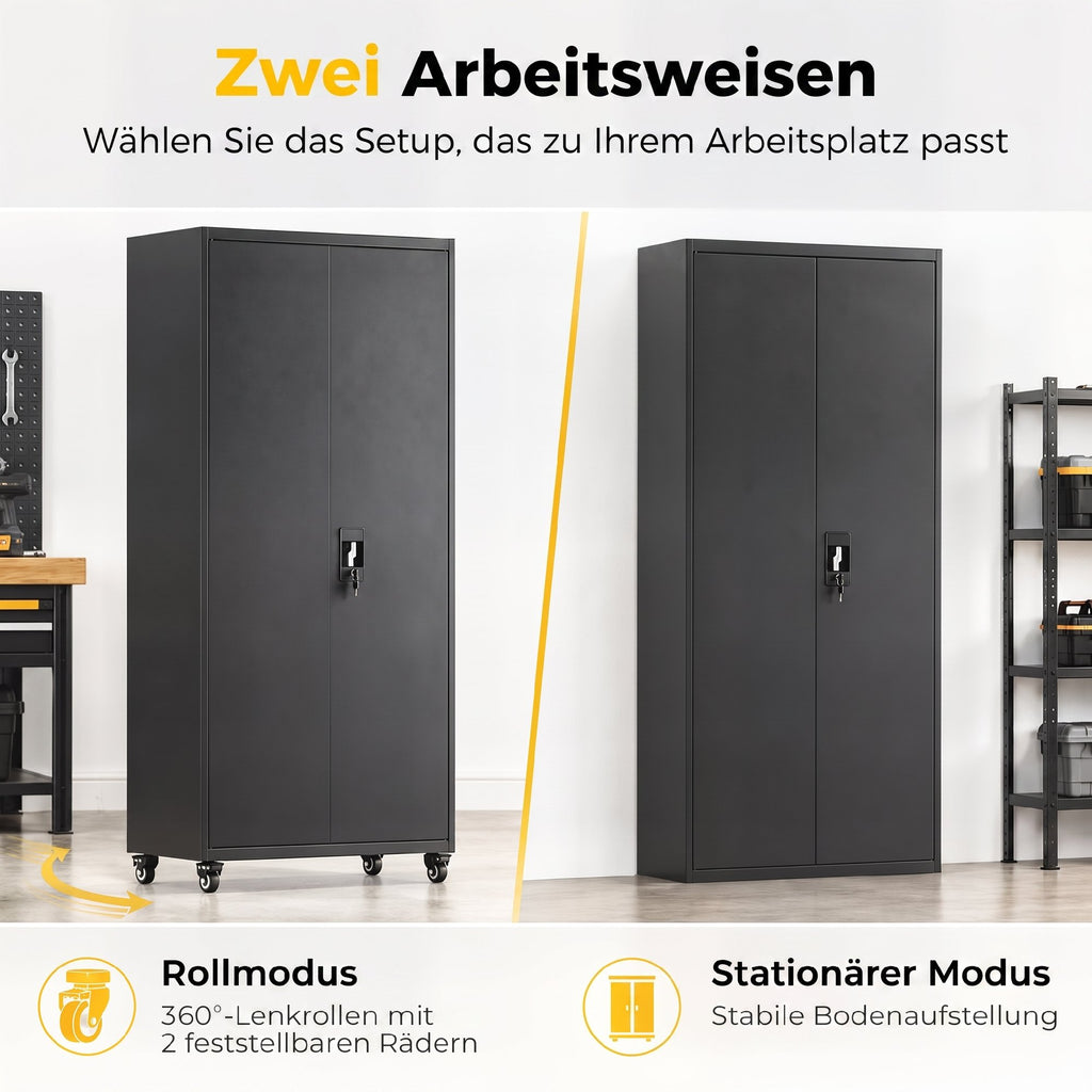 Metal Storage Cabinet, 180 cm Tall Lockable Steel Tool Cabinet with Removable Wheels and Adjustable Shelves, Black