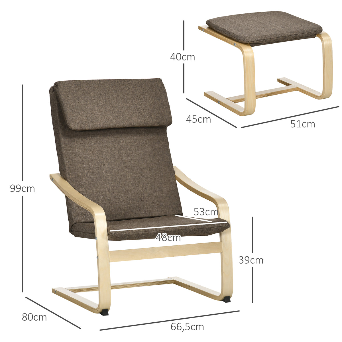 Sessel mit Fußhocker, Sessel-Set, Leinenoptik, Massivholz, Braun + Natur