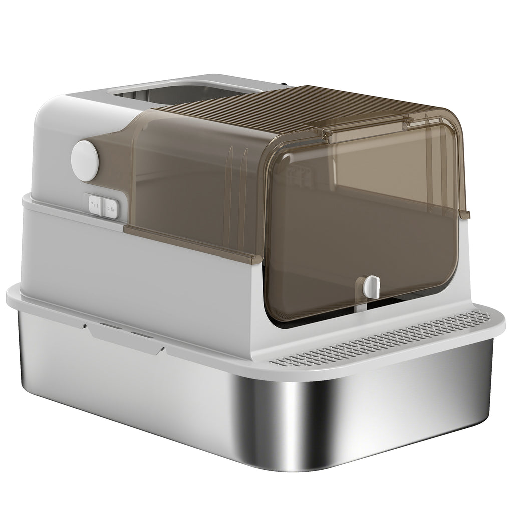 XXL Stainless Steel Cat Litter Tray, Enclosed Cat Litter Box with 90° Flip Cover, Double Doors, Scoop, Easy Clean, Grey