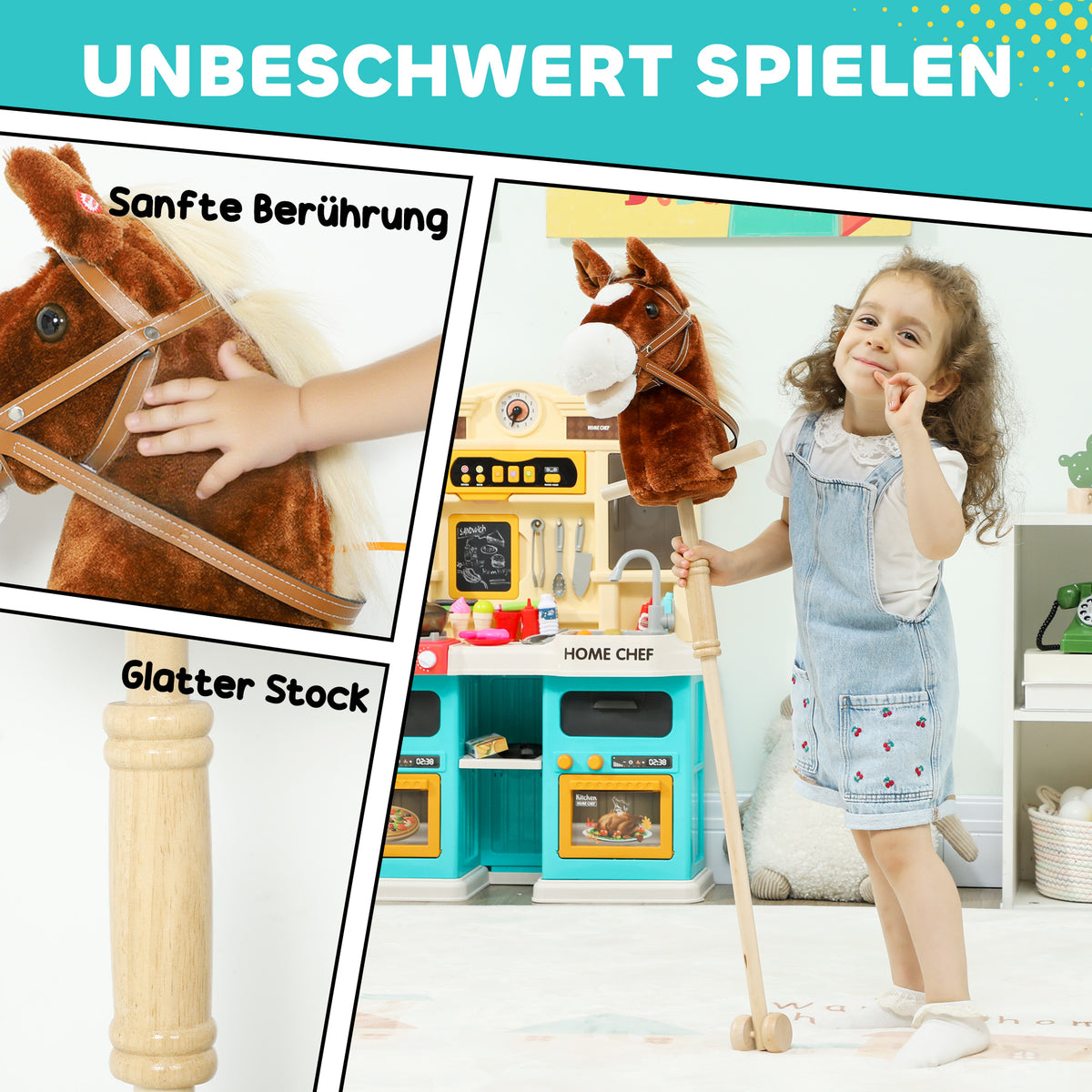 Stick Horse with Wood Wheels, Real Pony Neighing and Galloping Sounds, Grip Handle, 95 cm, Brown