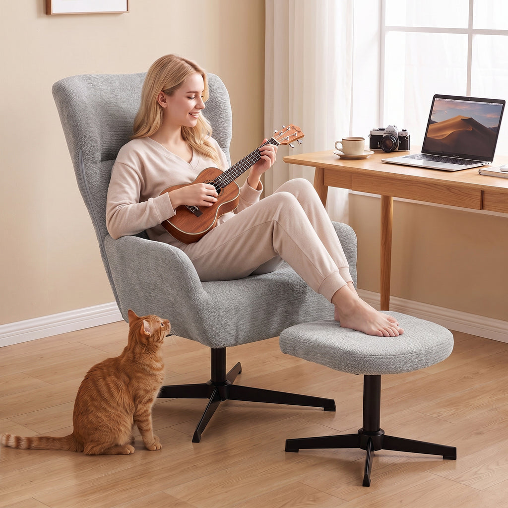 360° drehbarer Loungesessel mit Hocker, höhenverstellbar, Chenille-Bezug, mit Lendenkissen, Cremeweiß